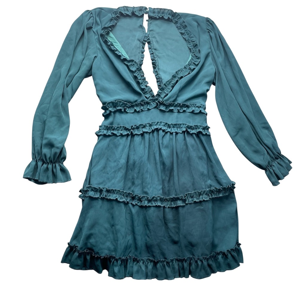 Compania Fantastica Women Chiffon Ruffle‎ Feminine Dainty Mini Dress Teal M